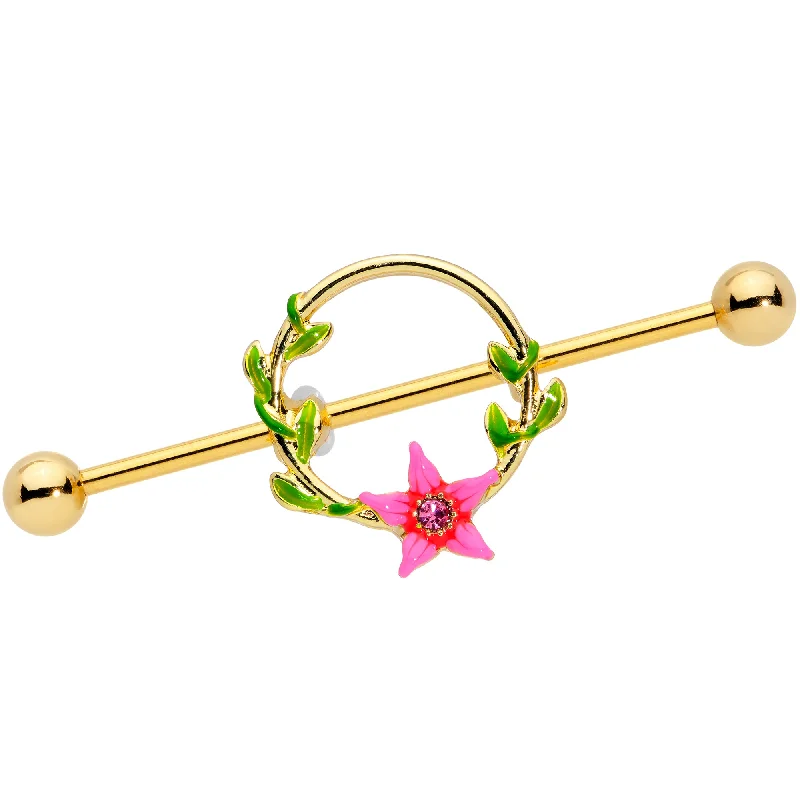 Women's Earrings – Elegant Designs for Every Personality--14 Gauge Pink Gem Gold Hue Exotic Flower Circle Industrial Barbell 38mm