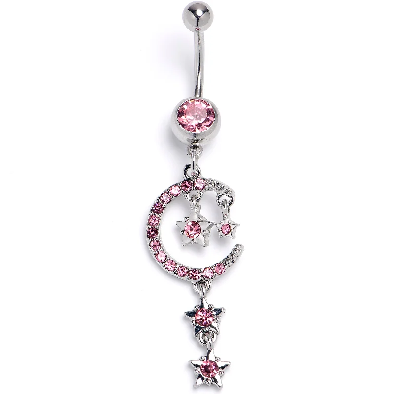 Elegant Belly Rings for Classy Style -Pink Gem Moon And Stars Internally Threaded Dangle Belly Ring Elegant Belly Rings for Classy Style -Pink Gem Moon And Stars Internally Threaded Dangle Belly Ring
