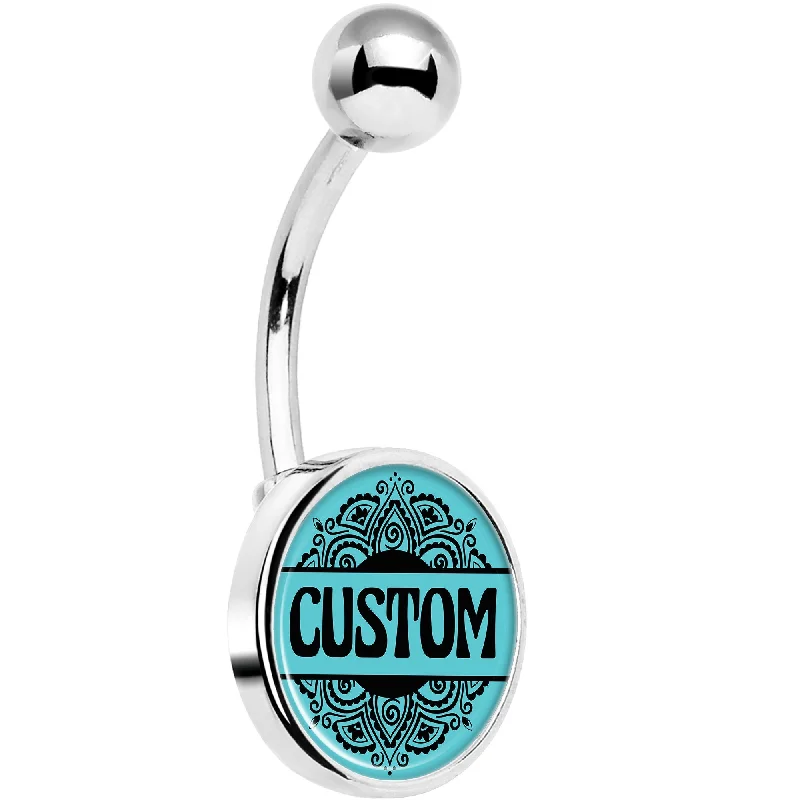 Beautiful Belly Rings for Trendy Women -Custom Teal Mandala Personalized Name Belly Ring Beautiful Belly Rings for Trendy Women -Custom Teal Mandala Personalized Name Belly Ring