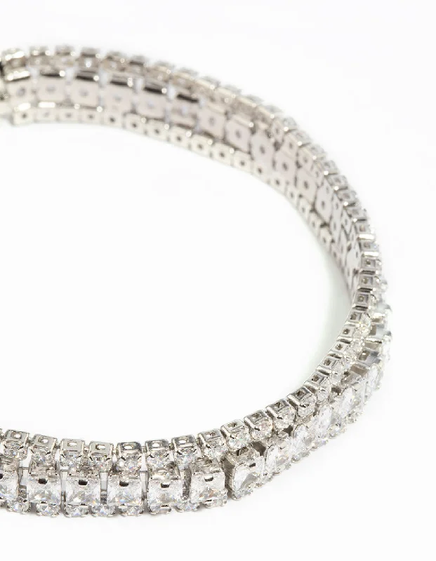 Women's Bangles with Polished Finishes-Silver Cubic Zirconia Wide Bracelet