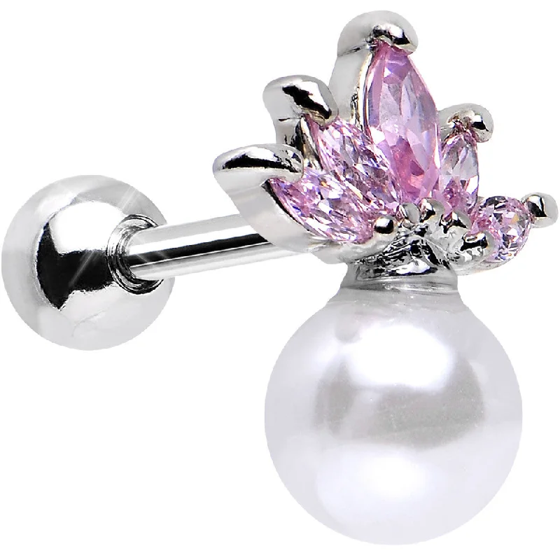 Women's Earrings – Elegant Designs for Every Personality--Pink CZ Imitation White Pearl Jeweled Crown Tragus Cartilage Earring
