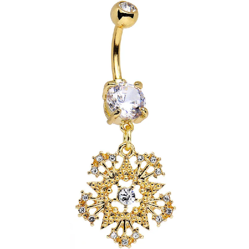Beautiful Belly Rings for Elegant Appeal -Clear Gem Gold PVD Stunning Snowflake Star Dangle Belly Ring Beautiful Belly Rings for Elegant Appeal -Clear Gem Gold PVD Stunning Snowflake Star Dangle Belly Ring
