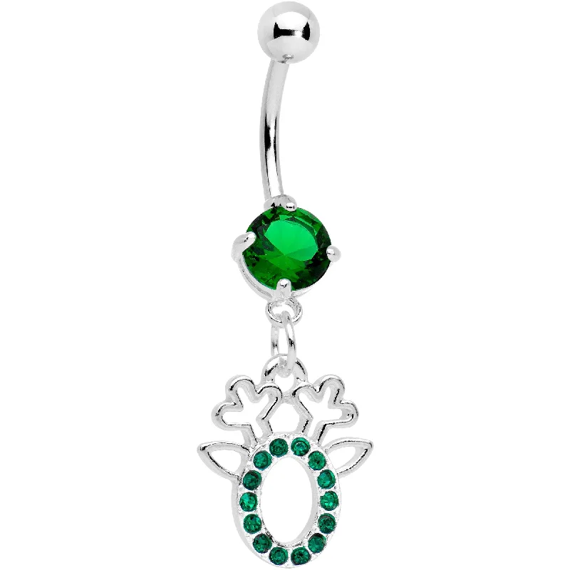 Customizable Belly Rings with Personal Touch -Green Gem Encrusted Christmas Reindeer Dangle Belly Ring Customizable Belly Rings with Personal Touch -Green Gem Encrusted Christmas Reindeer Dangle Belly Ring