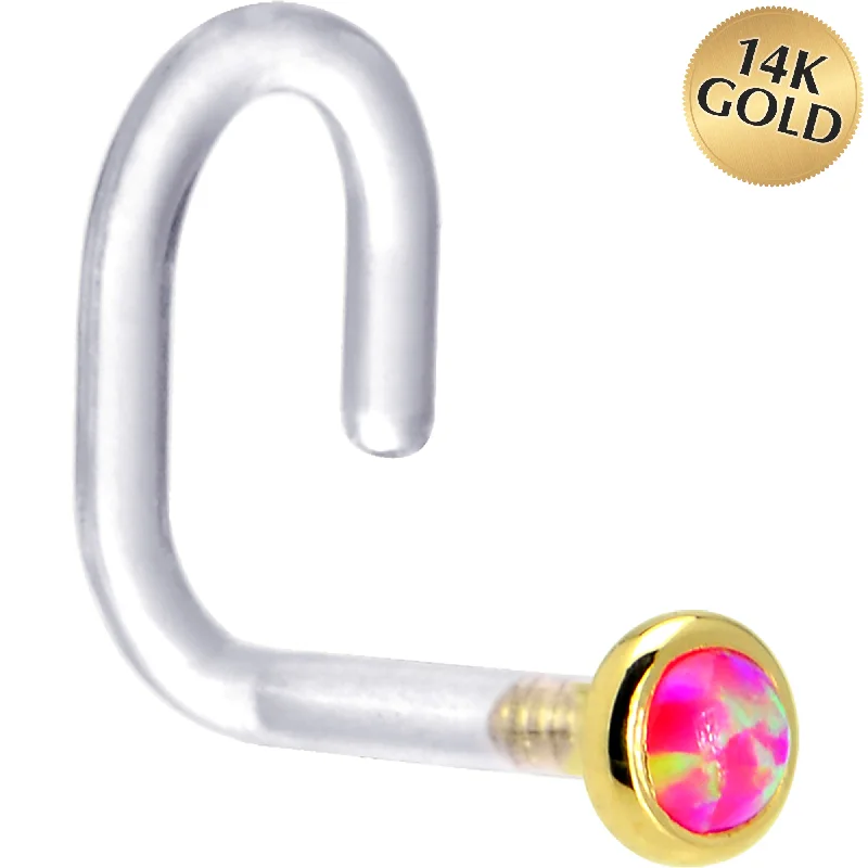 Chic Nose Rings for Classic Looks -18 Gauge 1/4 Yellow Gold 2mm Brilliant Pink Synthetic Opal Bioplast Nose Ring Chic Nose Rings for Classic Looks -18 Gauge 1/4 Yellow Gold 2mm Brilliant Pink Synthetic Opal Bioplast Nose Ring
