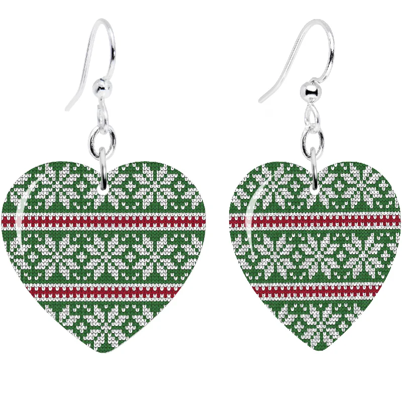 Women's Earrings – Elegant Designs for Every Personality--Green Red Christmas Sweater Heart Fishhook Dangle Earrings