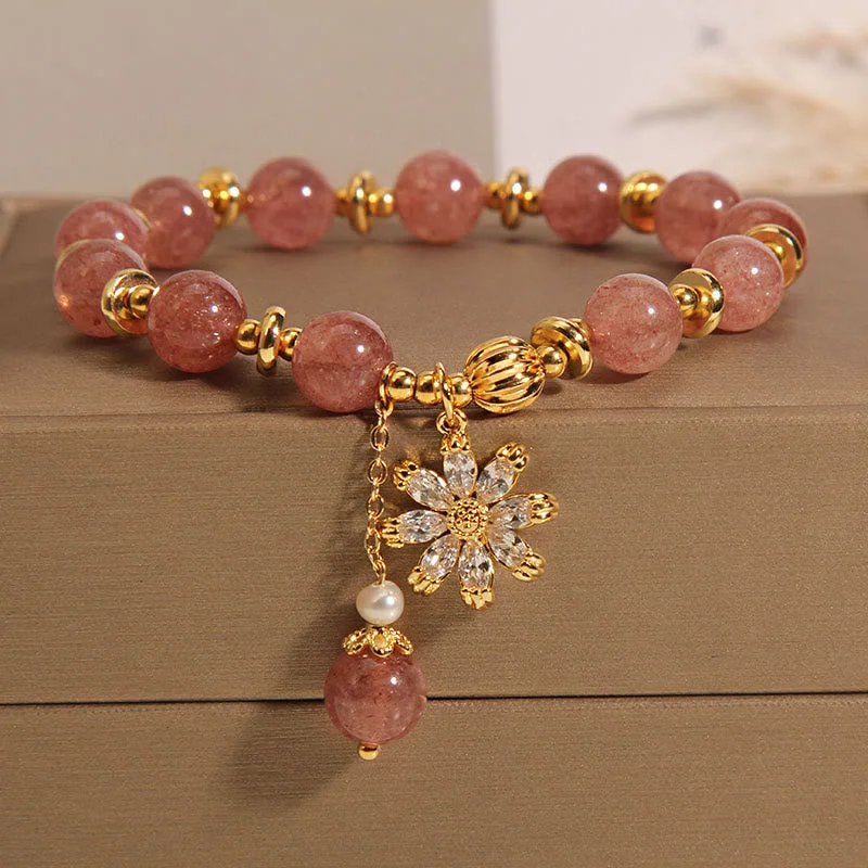 Women's Bangles with Raised Detailing-Buddha Stones Natural Strawberry Quartz Crystal Chrysanthemum Pearl Positive Bracelet Women's Bangles with Raised Detailing-Buddha Stones Natural Strawberry Quartz Crystal Chrysanthemum Pearl Positive Bracelet