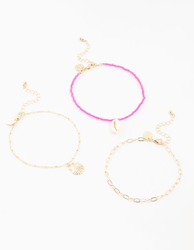 Beautiful Beaded Anklets for Bohemian Charm-Bead & Shell Gold Anklets 3-Pack