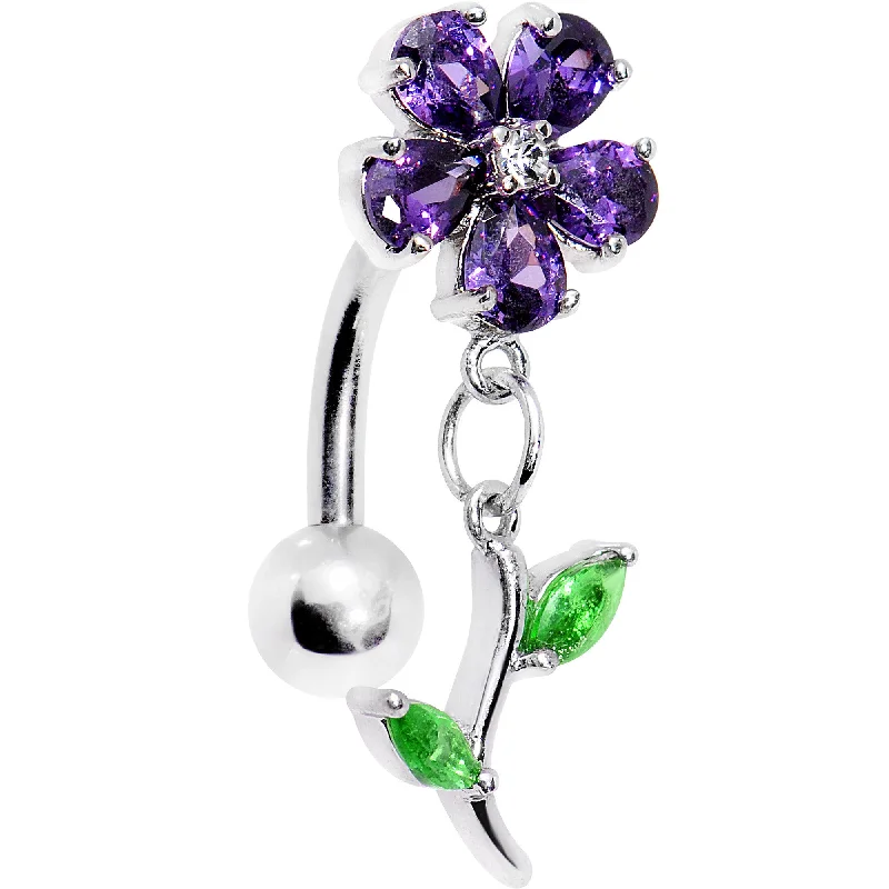 Belly Rings for Fashionistas -Purple Green Gem Flower Power Top Mount Dangle Belly Ring