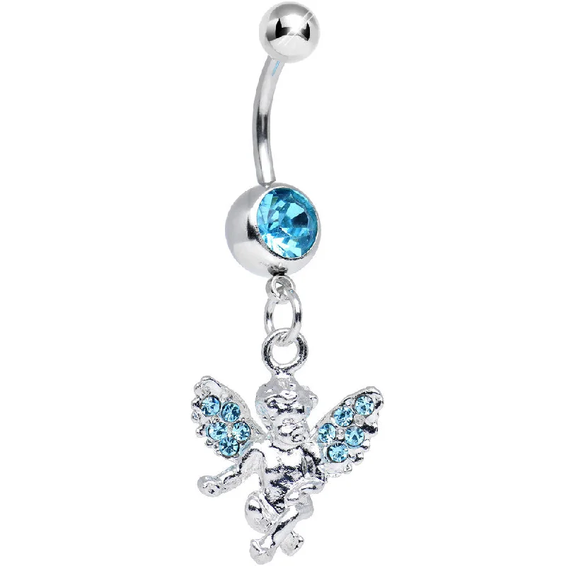 Belly Rings with Shiny Stones for Extra Glam -Aqua Gem Thoughtful Cherub Dangle Belly Ring Belly Rings with Shiny Stones for Extra Glam -Aqua Gem Thoughtful Cherub Dangle Belly Ring