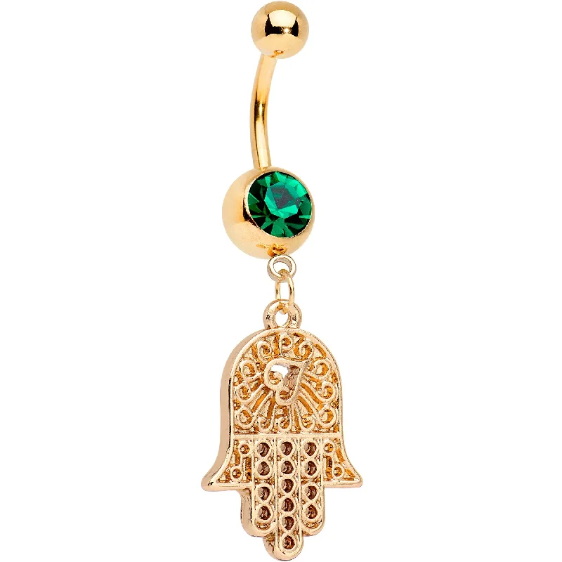 Bold Belly Rings for Statement Fashion -Green Gem Gold Tone Anodized Heart In Hand Hamsa Dangle Belly Ring Bold Belly Rings for Statement Fashion -Green Gem Gold Tone Anodized Heart In Hand Hamsa Dangle Belly Ring