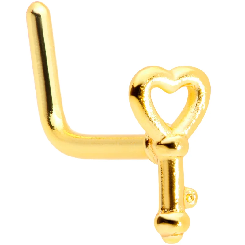 Comfortable Nose Rings with Simple Designs -20 Gauge 5/16 Gold Tone Key to Your Heart L Shaped Nose Ring Comfortable Nose Rings with Simple Designs -20 Gauge 5/16 Gold Tone Key to Your Heart L Shaped Nose Ring