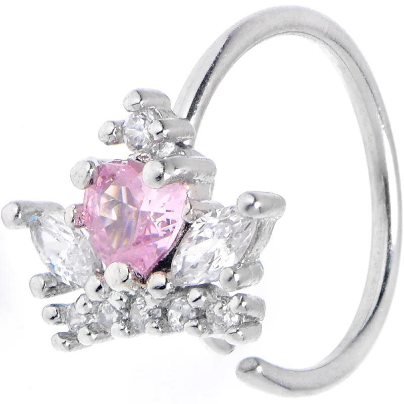 Nose Rings with No-Clasp Style -20 Gauge 5/16 Clear Pink Gem Heart Crown Nose Hoop