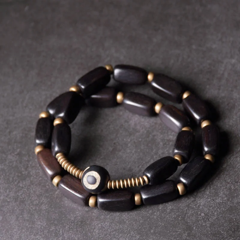 Engraved Metal Bracelets for Men-Buddha Stones Tibet Ebony Wood Dzi Bead Copper Balance Double Wrap Bracelet Engraved Metal Bracelets for Men-Buddha Stones Tibet Ebony Wood Dzi Bead Copper Balance Double Wrap Bracelet
