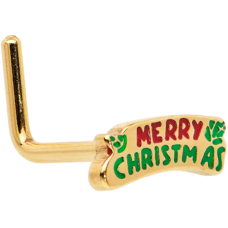 Nose Rings with Oval Shape -20 Gauge 7mm Gold Tone Merry Christmas Inlaid L Shape Nose Ring Nose Rings with Oval Shape -20 Gauge 7mm Gold Tone Merry Christmas Inlaid L Shape Nose Ring