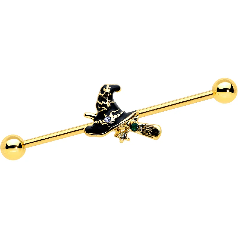 Women's Earrings – Elegant Designs for Every Personality--14 Gauge Clear Gem Gold Tone Witch Hat Broom Industrial Barbell 38mm