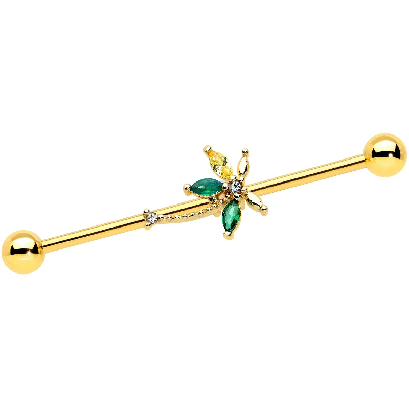 Women's Earrings – Elegant Designs for Every Personality--14 Gauge Clear Green Gem Gold Tone Palm Tree Industrial Barbell 38mm