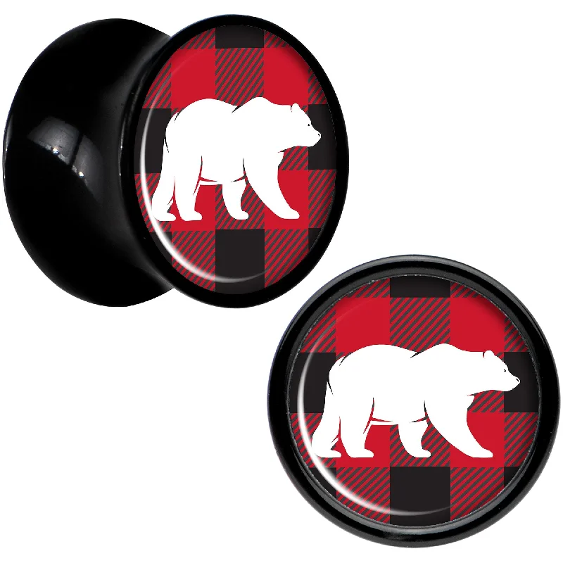 Women's Earrings – Elegant Designs for Every Personality--Red Black Plaid Polar Bear Black Acrylic Saddle Plug Set Sizes 5mm to 20mm