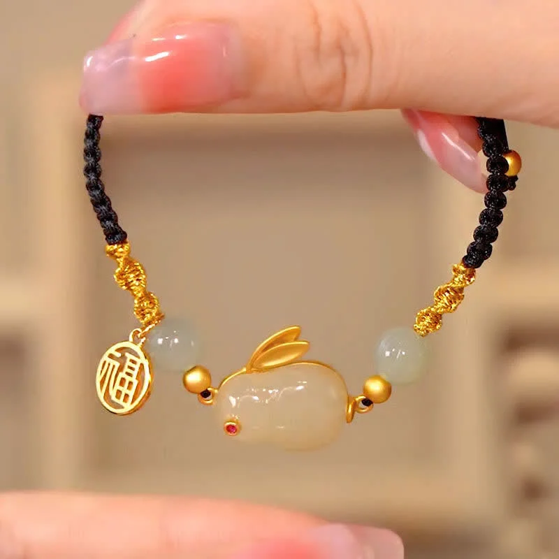 Wedding-Ready Bangles for Women-Year of the Rabbit Red Agate Jade Bunny Confidence String Bracelet