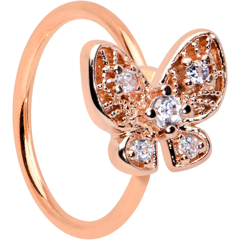 Elegant Nose Rings with Minimalist Design -20 Gauge 5/16 Clear Gem Rose Gold Tone Airy Butterfly Nose Hoop Elegant Nose Rings with Minimalist Design -20 Gauge 5/16 Clear Gem Rose Gold Tone Airy Butterfly Nose Hoop