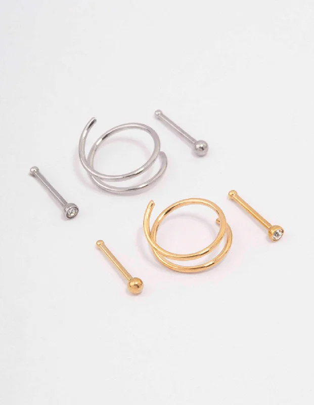 Comfortable Nose Rings for All Styles -Surgical Steel Two-Toned Spiral Stud Crystal Nose Stud 6-Pack Comfortable Nose Rings for All Styles -Surgical Steel Two-Toned Spiral Stud Crystal Nose Stud 6-Pack