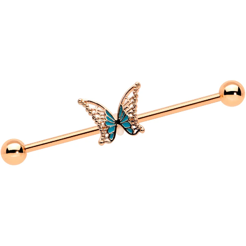 Women's Earrings – Elegant Designs for Every Personality--14 Gauge Rose Gold Tone Bit of Blue Butterfly Industrial Barbell 38mm Women's Earrings – Elegant Designs for Every Personality--14 Gauge Rose Gold Tone Bit of Blue Butterfly Industrial Barbell 38mm