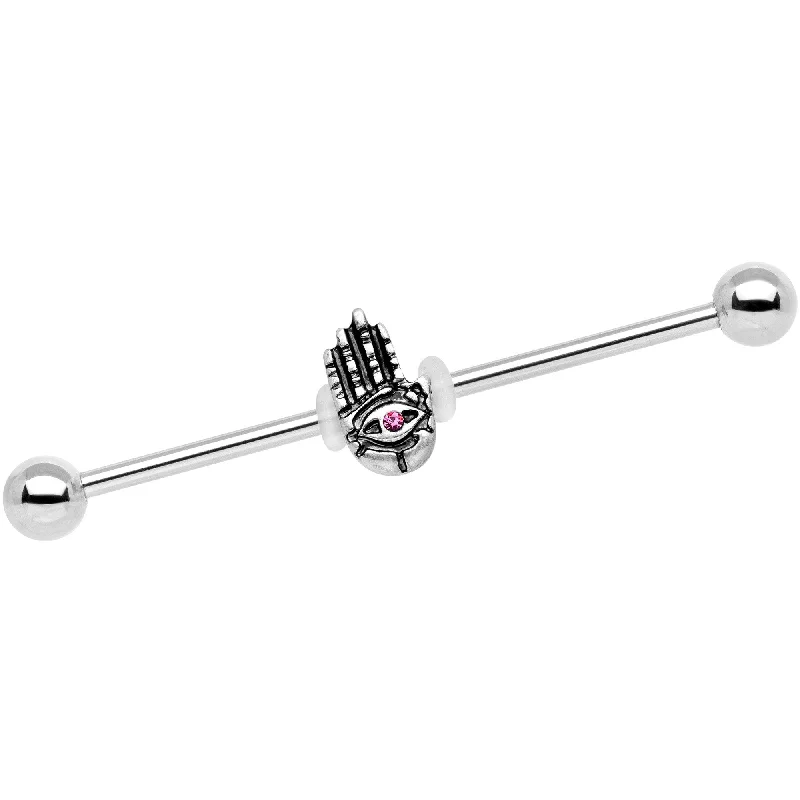 Women's Earrings – Elegant Designs for Every Personality--Pink Gem Hamsa Eye Industrial Barbell 38mm