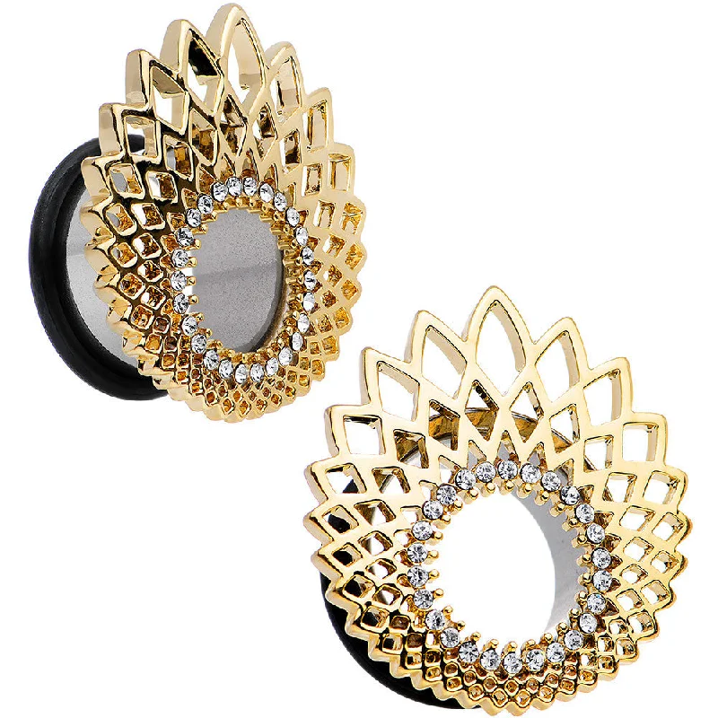 Women's Earrings – Elegant Designs for Every Personality--5/8 Clear Gem Golden Gala Feather Single Flare Tunnel Plug Set Women's Earrings – Elegant Designs for Every Personality--5/8 Clear Gem Golden Gala Feather Single Flare Tunnel Plug Set