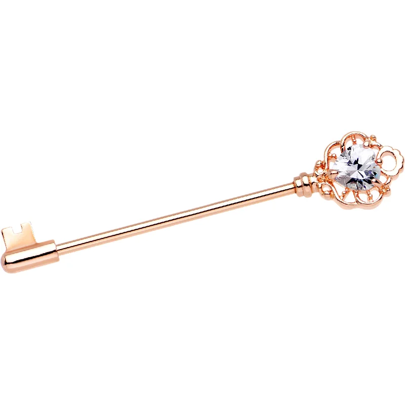 Women's Earrings – Elegant Designs for Every Personality--Clear CZ Heart Rose Gold PVD Filigree Key Industrial Barbell 32mm Women's Earrings – Elegant Designs for Every Personality--Clear CZ Heart Rose Gold PVD Filigree Key Industrial Barbell 32mm