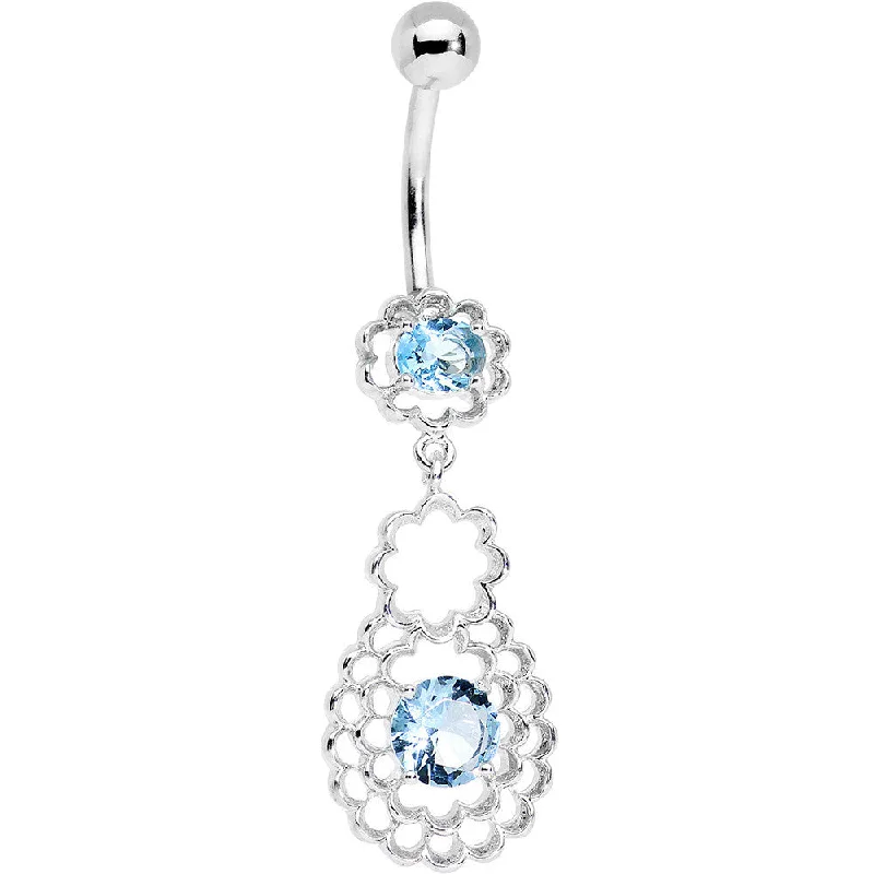 Comfortable Belly Rings for Active Use -Blue CZ Gem Quatrefoil Layered Flowing Flower Form Dangle Belly Ring Comfortable Belly Rings for Active Use -Blue CZ Gem Quatrefoil Layered Flowing Flower Form Dangle Belly Ring