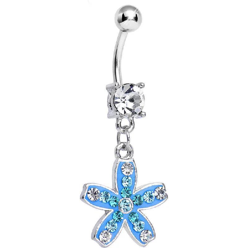 Belly Rings for Trendy Women -Clear Gem Sparkling Paved Aqua Star Flower Dangle Belly Ring