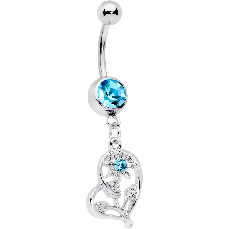 Belly Rings with Dazzling Diamonds -Aqua Gem Blossoming Heart Flower Dangle Belly Ring Belly Rings with Dazzling Diamonds -Aqua Gem Blossoming Heart Flower Dangle Belly Ring