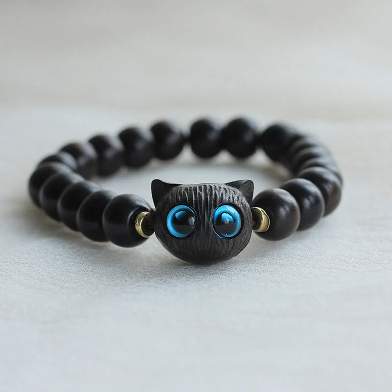Men's Bracelets with Tribal Patterns-Buddha Stones Ebony Wood Green Sandalwood Cute Cat Peace Bracelet Men's Bracelets with Tribal Patterns-Buddha Stones Ebony Wood Green Sandalwood Cute Cat Peace Bracelet