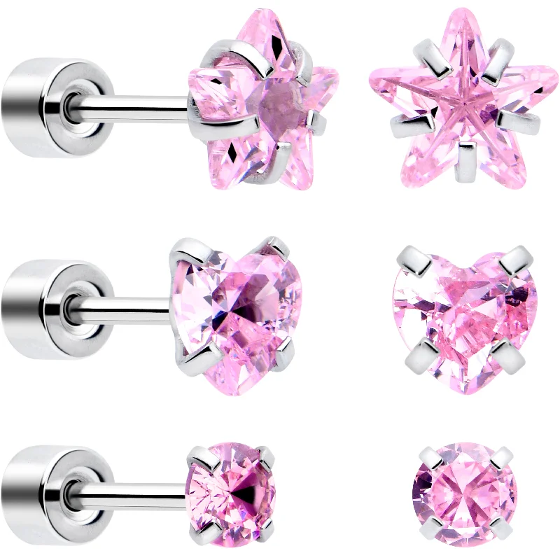 Women's Earrings – Elegant Designs for Every Personality--Pink Simplistic Heart Star CZ Flat Back Stud Earrings - 3 Pairs Women's Earrings – Elegant Designs for Every Personality--Pink Simplistic Heart Star CZ Flat Back Stud Earrings - 3 Pairs