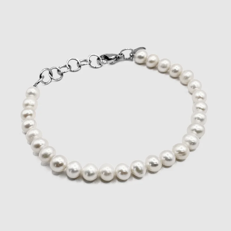 Men's Bracelets with Engraved Names-Rounded Real Pearl Bracelet (Silver)
