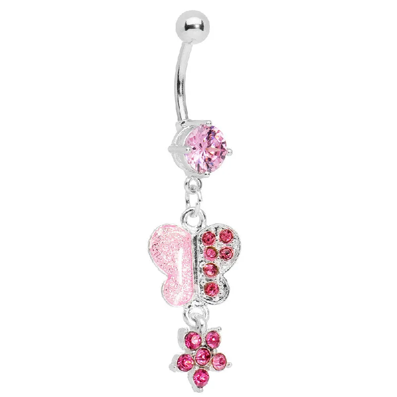 Belly Rings with Glittering Gems for Elegant Style -Pink Gem Paved Butterfly with Floral Dangle Belly Ring Belly Rings with Glittering Gems for Elegant Style -Pink Gem Paved Butterfly with Floral Dangle Belly Ring