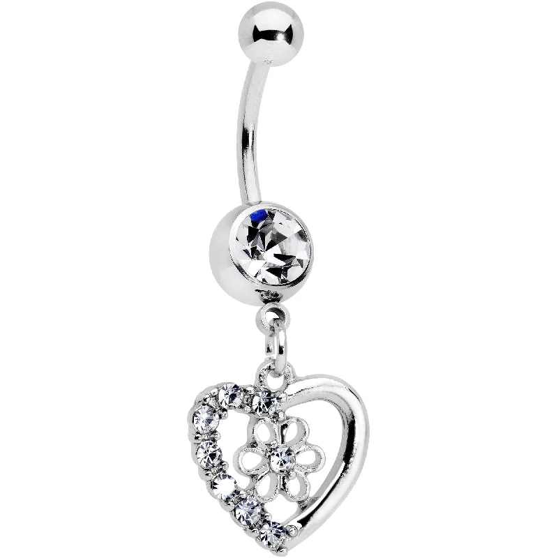 Designer Belly Rings with Artistic Features -Clear Gem Floral Hollow Heart Valentines Day Dangle Belly Ring Designer Belly Rings with Artistic Features -Clear Gem Floral Hollow Heart Valentines Day Dangle Belly Ring