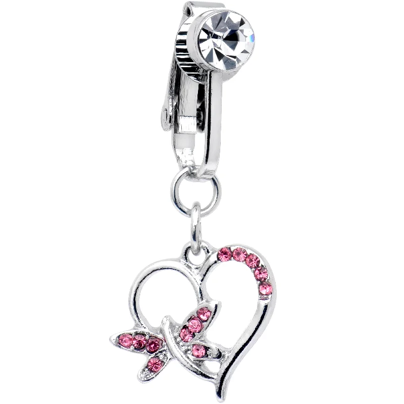 Designer Belly Rings with Artistic Appeal -Pink CZ Gem Heart Dragonfly Love Dangle Clip on Fake Belly Ring Designer Belly Rings with Artistic Appeal -Pink CZ Gem Heart Dragonfly Love Dangle Clip on Fake Belly Ring