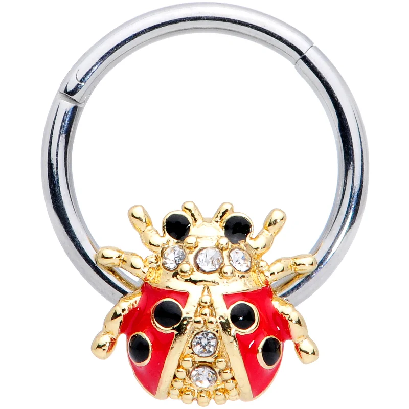 Beautiful Silver Nose Rings -16 Gauge 3/8 Clear Gem Red Black Ladybug Hinged Segment Ring Beautiful Silver Nose Rings -16 Gauge 3/8 Clear Gem Red Black Ladybug Hinged Segment Ring