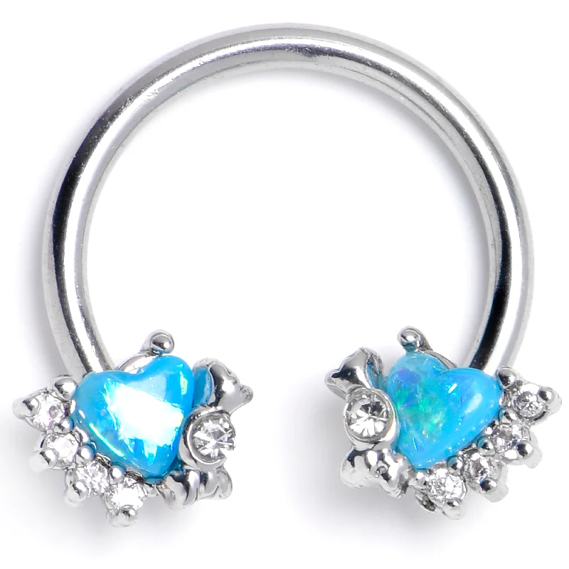 Women's Earrings – Elegant Designs for Every Personality--16 Gauge 3/8 Blue Faux Opal Sunny Heart Horseshoe Circular Barbell