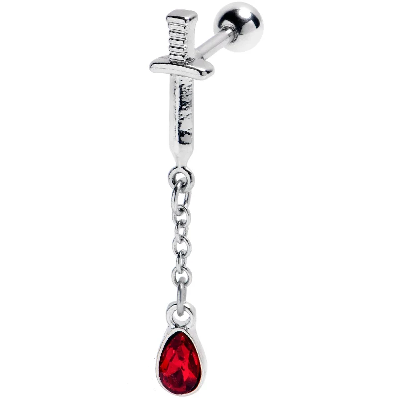 Women's Earrings – Elegant Designs for Every Personality--16 Gauge 1/4 Red Gem Bloody Dagger Dangle Cartilage Tragus Earring