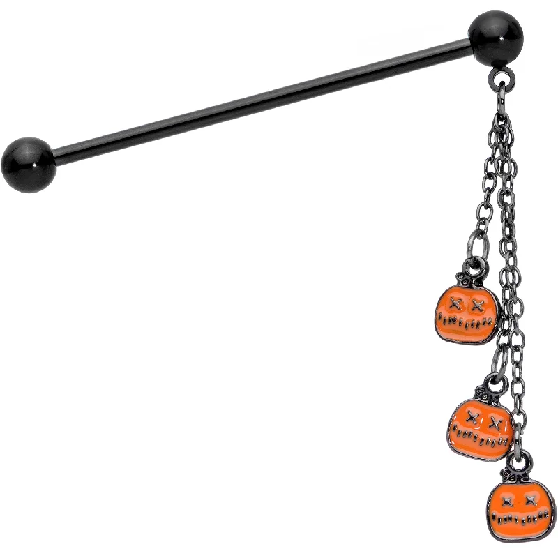 Women's Earrings – Elegant Designs for Every Personality--14 Gauge Black Halloween Pumpkin Chain Dangle Industrial Barbell 38mm