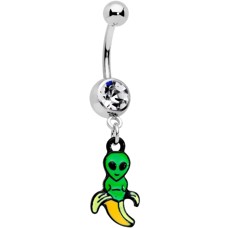 Designer Belly Rings for Bold Looks -Clear Gem An Appealing Little Banana Alien Dangle Belly Ring Designer Belly Rings for Bold Looks -Clear Gem An Appealing Little Banana Alien Dangle Belly Ring
