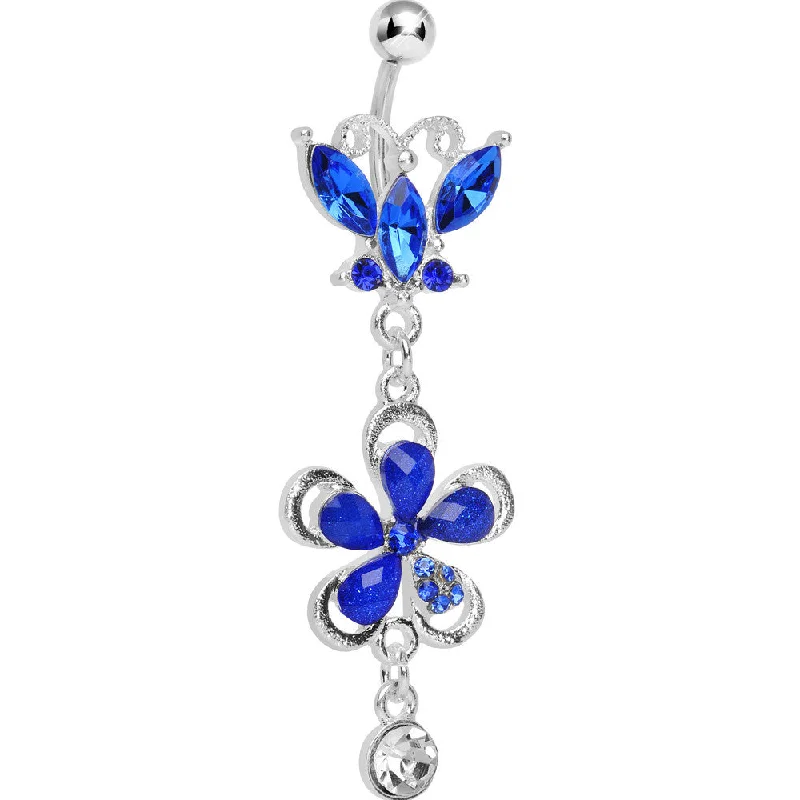 Belly Rings with Bold and Bright Stones -Dark Blue Gem Butterfly Flower Drop Belly Ring Belly Rings with Bold and Bright Stones -Dark Blue Gem Butterfly Flower Drop Belly Ring