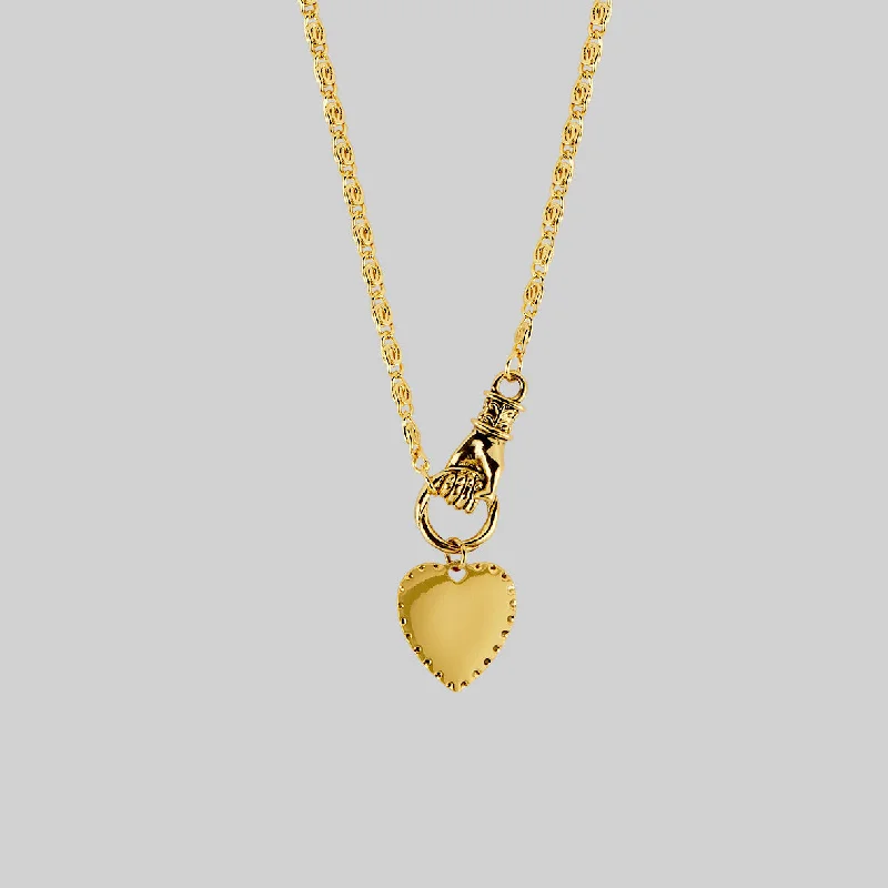 Shop Classic Women's  Necklaces & Pendants with a Modern Twist-HAND OF GLORY. Grasping Heart Necklace - Gold