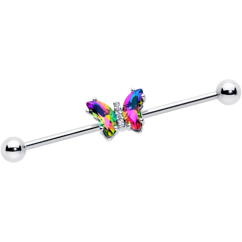 Women's Earrings – Elegant Designs for Every Personality--14 Gauge Rainbow CZ Gem Simply Colorful Butterfly Industrial Barbell 38mm