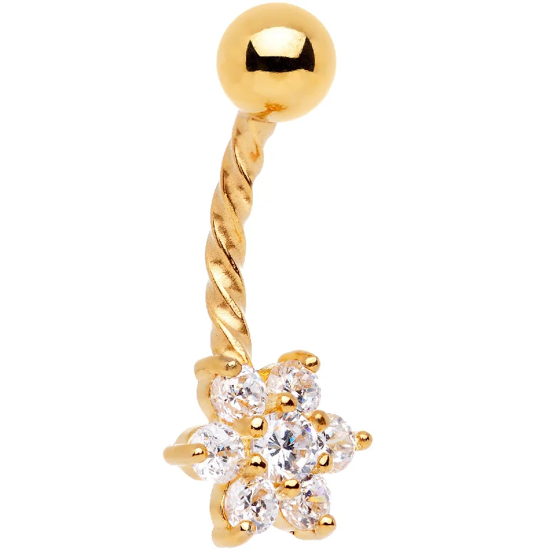 Stunning Belly Rings with Shiny Finish -Clear CZ Gem Gold IP Flower Seriously Twisted Belly Ring Stunning Belly Rings with Shiny Finish -Clear CZ Gem Gold IP Flower Seriously Twisted Belly Ring