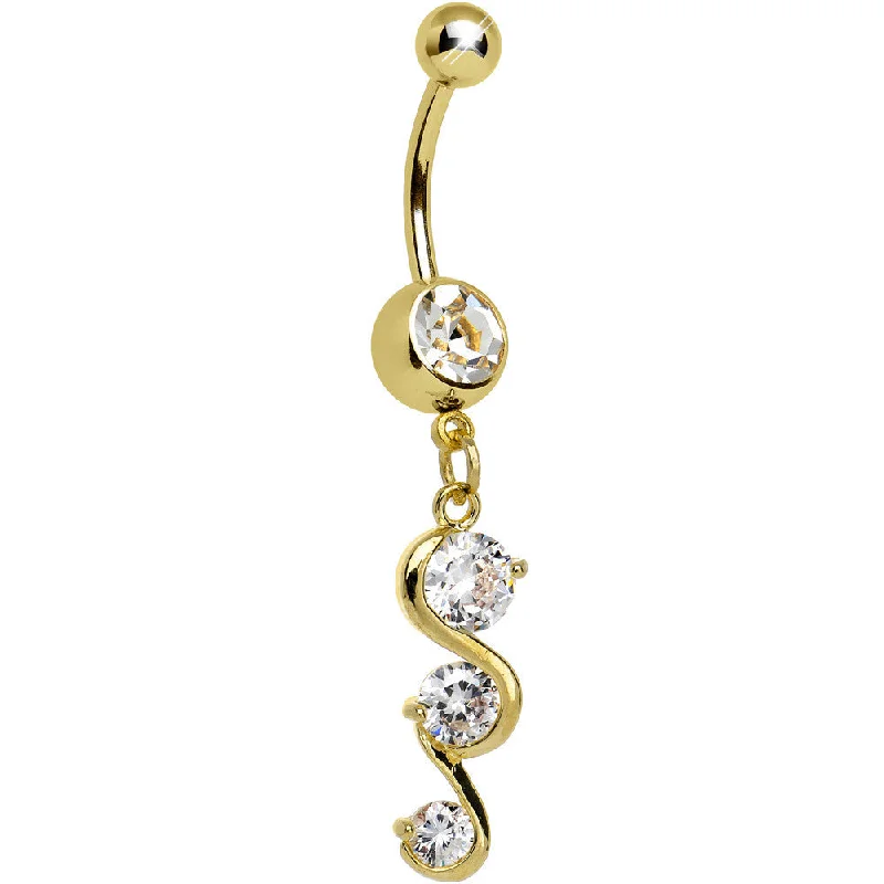 Comfortable Belly Rings for Bold Looks -Gold Plated Clear Gem Classy Curls Dangle Belly Ring Comfortable Belly Rings for Bold Looks -Gold Plated Clear Gem Classy Curls Dangle Belly Ring