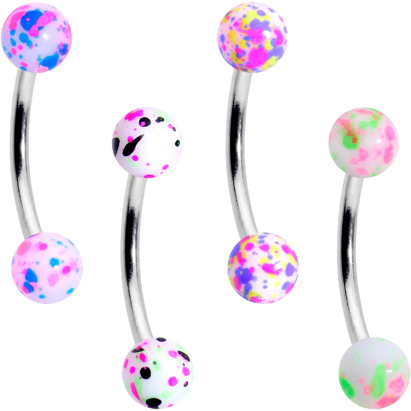 Women's Earrings – Elegant Designs for Every Personality--16 Gauge 3/8 Splatter Pink Green Blue Curved Eyebrow Ring Set of 4