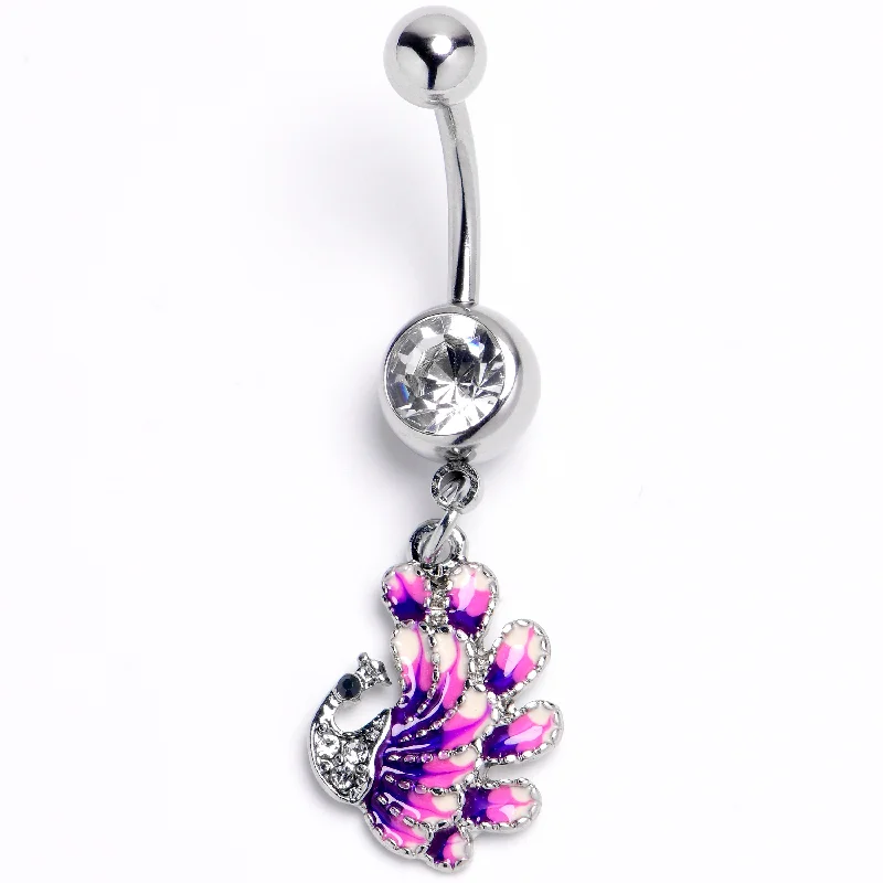 Comfortable Belly Rings with Shiny Finish -Clear Gem Peacock Purple Dangle Belly Ring Comfortable Belly Rings with Shiny Finish -Clear Gem Peacock Purple Dangle Belly Ring