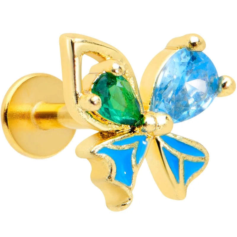 Comfortable Lip Rings with Adjustable Fit16 Gauge 1/4 Blue Green Gem Gold Tone Sweet Butterfly Labret Tragus